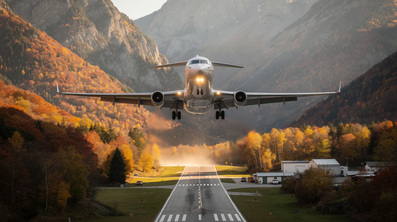 A heavy jet is seen descending toward a private runway, surrounded by picturesque mountains adorned with vibrant autumn foliage. This scene captures the essence of private aviation, highlighting the beauty of private jet travel in a serene natural setting.