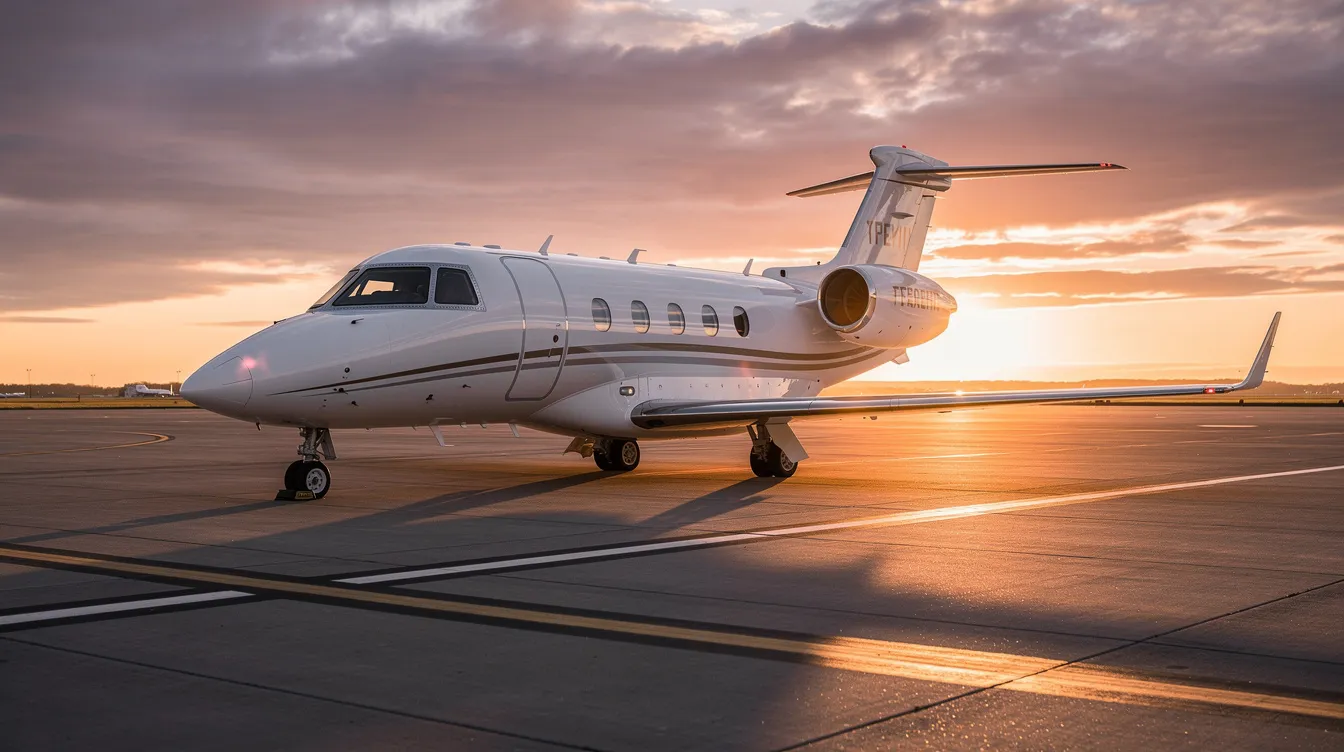 A small private jet is parked on the tarmac, silhouetted against a vibrant sunset sky, creating a serene atmosphere ideal for business travelers seeking flight options. This scene evokes thoughts of booking flights for upcoming trips, especially during the best times to find cheap flights and save money on airline tickets.