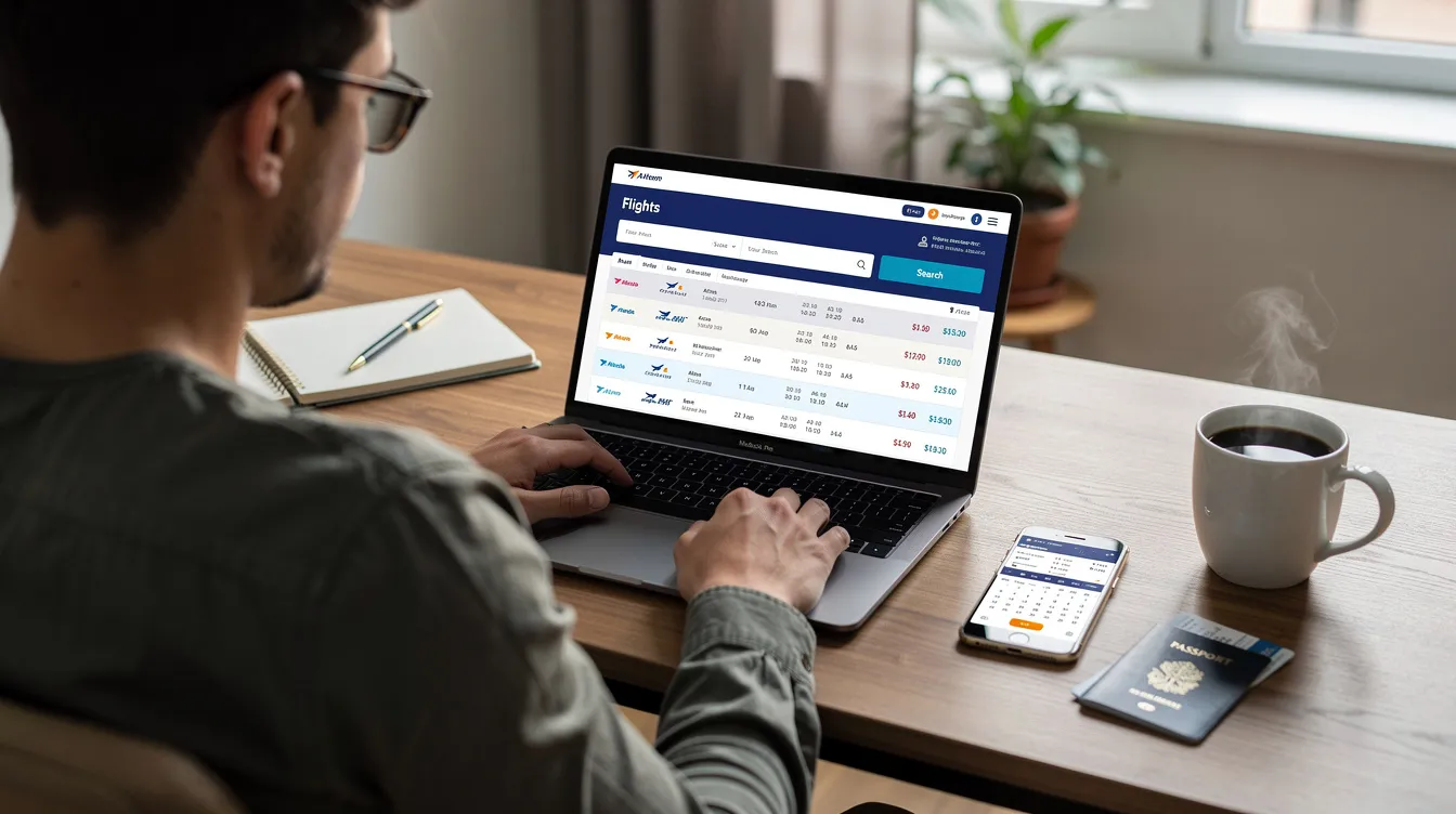 A person is sitting at a desk, intently checking flight options on a laptop, exploring various flight prices for both domestic and international travel. The scene suggests a focus on finding cheap flights and the best deals for their next trip.