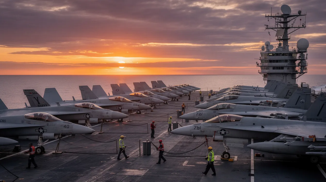 The image depicts U.S. Navy fighter jets parked on the deck of an aircraft carrier at sea, illuminated by the warm hues of a sunset. This scene showcases the military aircraft poised for missions, highlighting the aviation capabilities of the country’s naval forces.