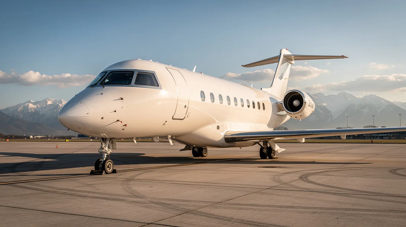 A sleek white private business jet is parked on a tarmac, with majestic mountains rising in the background, showcasing the world of aviation and private aircraft. This image emphasizes the elegance of business travel in contrast to military aircraft used by the air force and navy for missions.