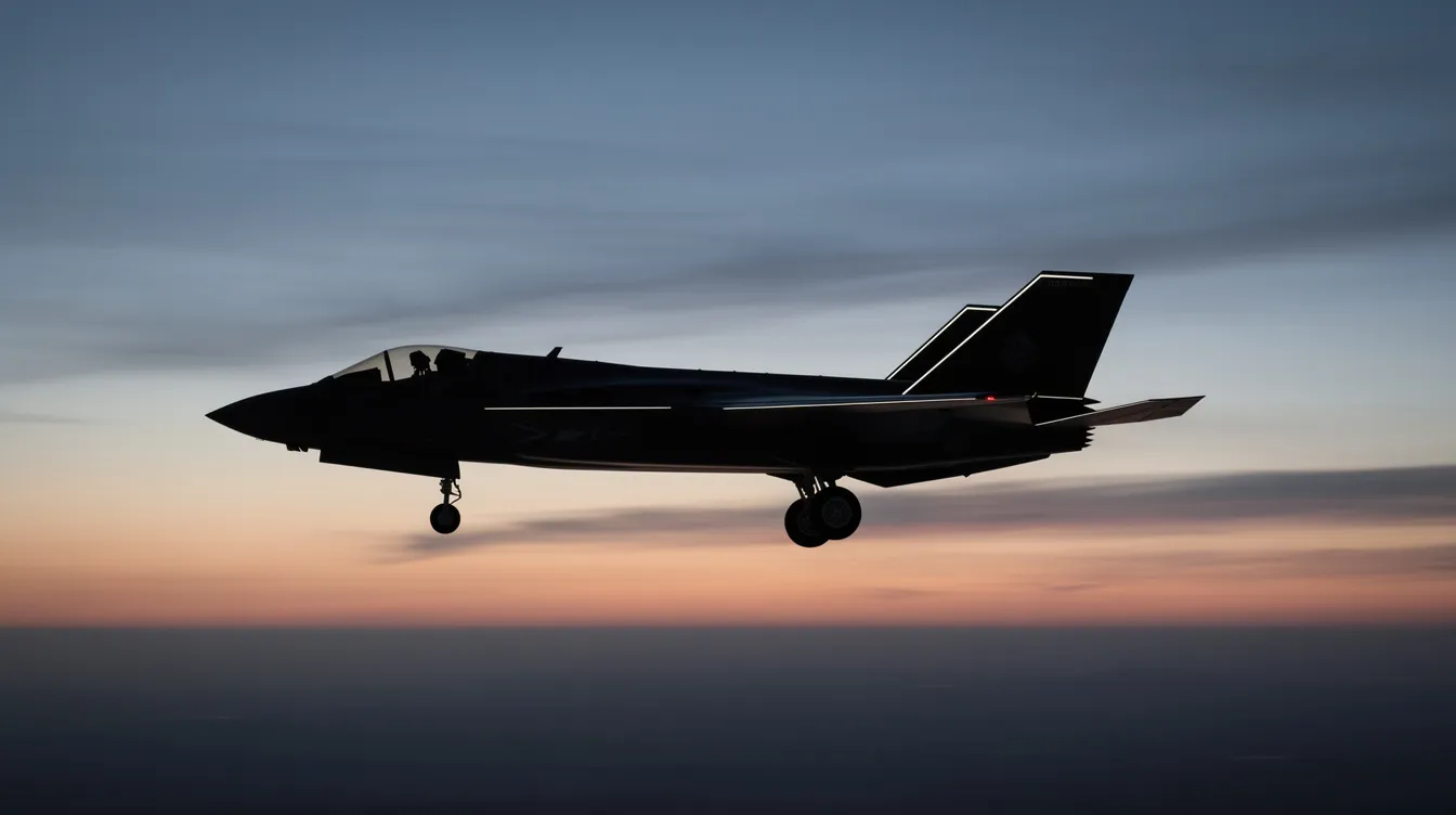 A silhouette of a stealth fighter jet is depicted against a dusky sky, showcasing its angular wing profile, which is characteristic of modern jet fighters designed for air-to-air combat. The image captures the essence of military aviation, highlighting the advanced design and stealth features that enhance situational awareness and survivability in combat scenarios.