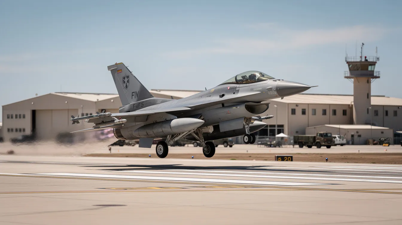 An F-16 fighter jet is taking off from a military airbase runway, with heat haze shimmering in the air, showcasing its powerful jet engines and supersonic performance. This fourth-generation fighter jet represents advanced aviation technology and is designed for air-to-air combat and close air support missions.