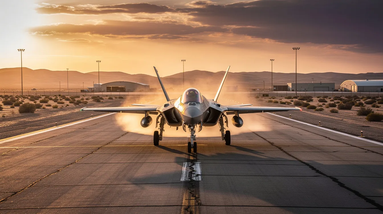 A fighter jet is poised on a desert airfield runway, ready for takeoff as the golden sunset casts a warm glow over the scene. This moment captures the thrill of fighter jet flights, highlighting the aircraft's sleek design against a stunning sky, reminiscent of aviation history and the adrenaline rush of a fighter pilot's experience.