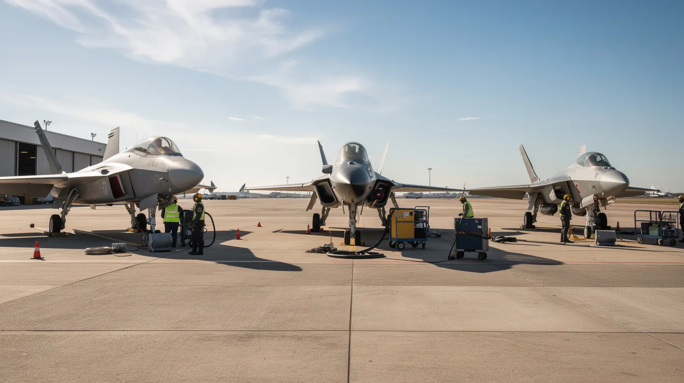 The image depicts three military fighter jets parked on a sunlit tarmac, with ground crew members engaged in various tasks nearby, highlighting the operational environment of air force aviation. This scene captures the essence of fighter jet flights and the teamwork involved in ensuring safety and readiness for upcoming missions.