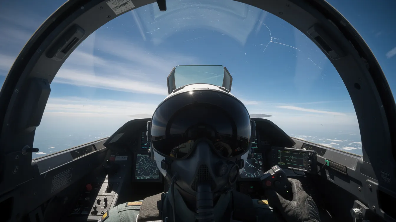 The image shows a view from inside a fighter jet cockpit, with the pilot's helmet prominently visible, as the expansive sky stretches to the horizon. This scene captures the thrill of fighter jet flights, highlighting the cockpit's controls and the exhilarating atmosphere of aviation history.