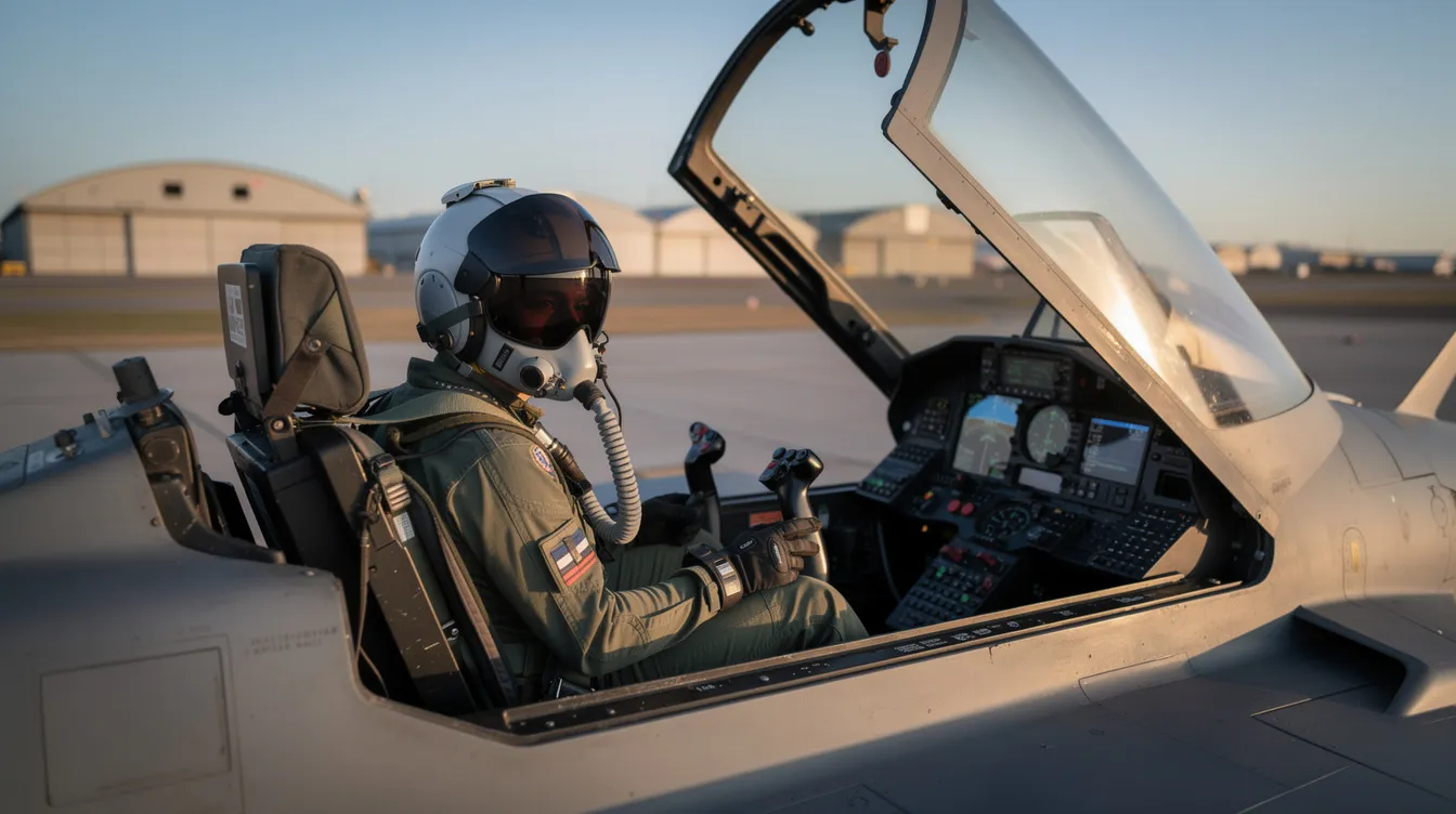 A person sits in the cockpit of a fighter jet, wearing a flight helmet and G-suit, with the canopy open and the aircraft on the ground. This scene captures the thrill of a fighter jet ride, highlighting the raw power and exhilaration of flying a high-performance aircraft.