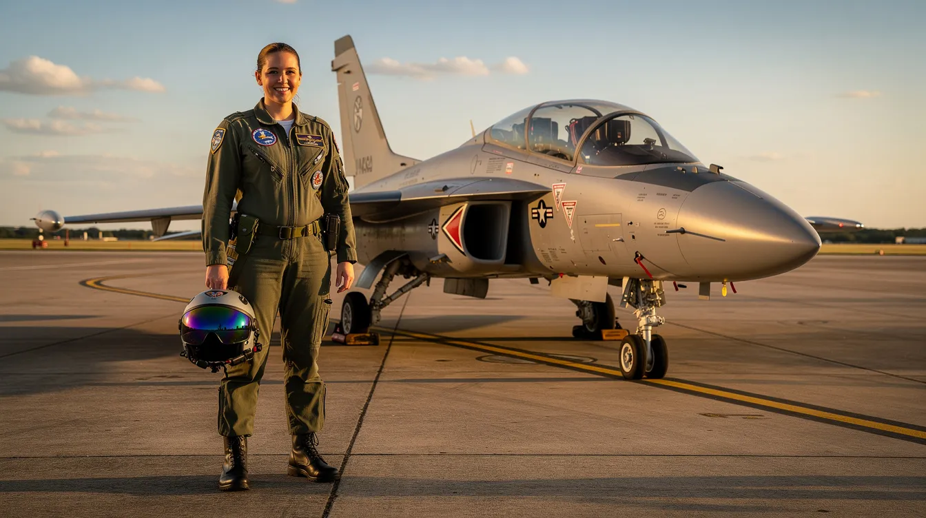 A person in a flight suit stands proudly next to a jet trainer aircraft on a sunny runway, smiling as they prepare for an exhilarating fighter jet experience. This scene captures the thrill of aviation and the dream of flying a high-performance aircraft, perfect for thrill seekers and aspiring fighter pilots.