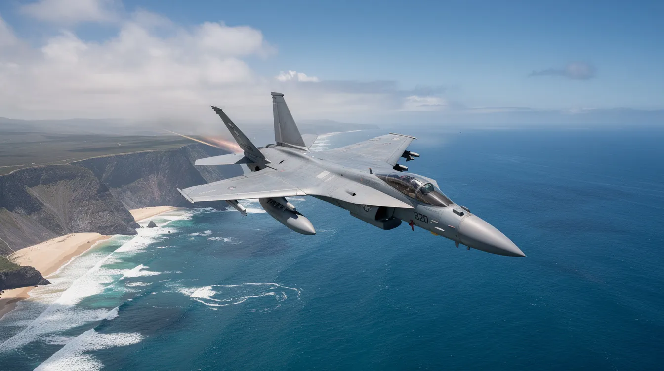 A fighter jet flies majestically above a breathtaking coastal landscape, showcasing its raw power and speed against the vibrant blue ocean below. This exhilarating scene highlights the thrilling experience of aviation and air combat, perfect for those dreaming of a fighter jet ride or a real fighter jet experience.
