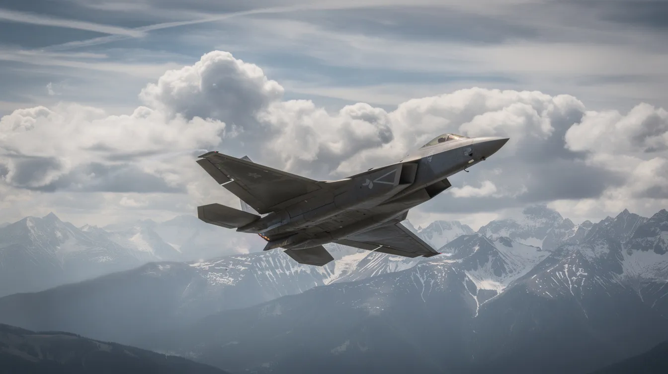 An F-22 Raptor, a modern air superiority fighter jet, is seen banking sharply against a dramatic backdrop of mountains and clouds, showcasing its agility and advanced stealth technology in a stunning display of air combat capabilities. The image captures the essence of modern fighter aviation, emphasizing the aircraft's raw performance and situational awareness.