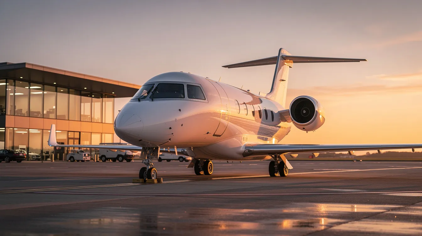 A sleek modern business jet is parked on a private terminal tarmac, bathed in the warm hues of sunset. The aircraft's polished exterior reflects the fading light, highlighting its design and elegance against the serene backdrop.