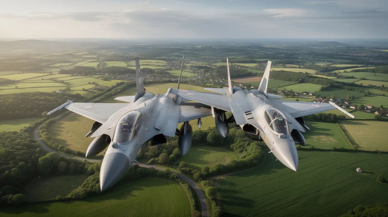 Two modern fighter jets, likely a Eurofighter Typhoon and a Dassault Rafale, are flying in tight formation over a lush green countryside, showcasing their agility and speed in a demonstration of air superiority. The scene highlights the advanced capabilities of these aircraft as they engage in air combat training, emphasizing their role in modern air force operations.