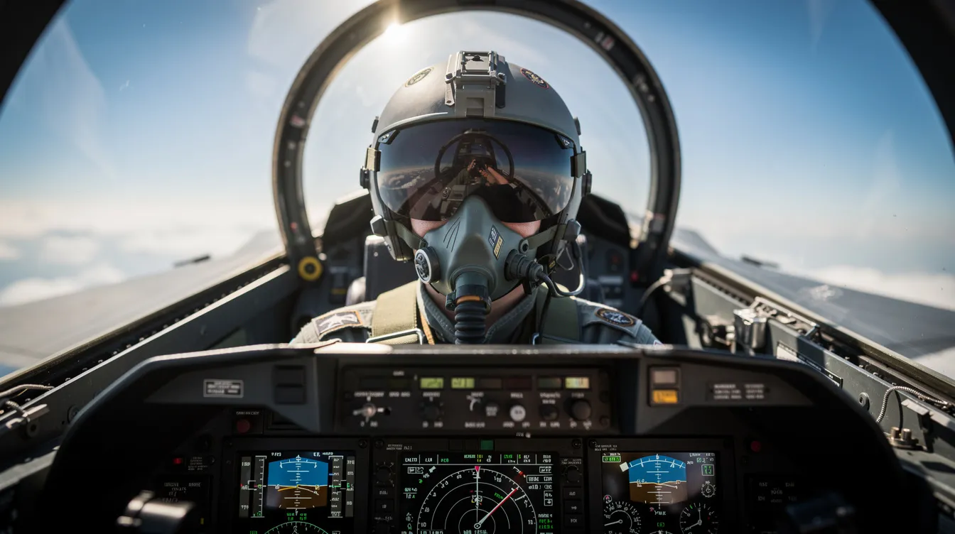 A passenger wearing a flight helmet and oxygen mask sits inside the cockpit of a fighter jet, surrounded by various aircraft systems and instruments. This fighter jet flight experience offers an adrenaline rush as the pilot prepares for aerobatic maneuvers in the skies.