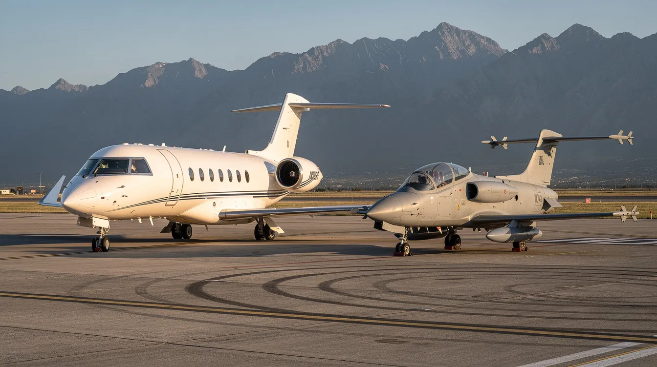 A private jet and a military trainer jet are parked side by side on an airfield, with majestic mountains in the background. This scene captures the essence of aviation, showcasing both luxury and the thrill of fighter jet rides, inviting thrill seekers to experience high G maneuvers and aerobatic flights.