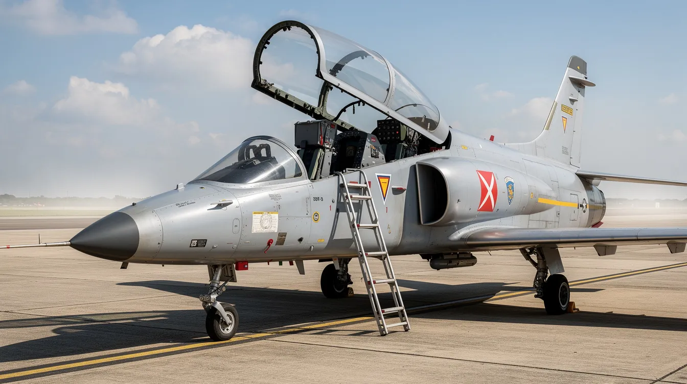An L-39 Albatros jet trainer is parked on a runway tarmac with its canopy open, revealing the cockpit and an instructor pilot's seat, while a ladder stands beside it for easy access. This jet, designed for aerobatic maneuvers and flight training, is ready for thrilling fighter jet rides that offer an unforgettable experience in the skies.