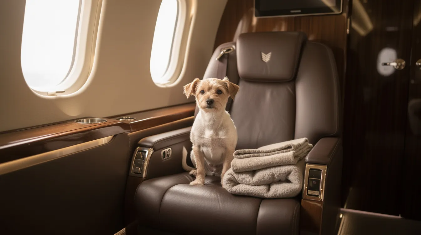 A small dog sits comfortably on a luxurious leather seat inside a private jet cabin, showcasing the pet-friendly environment of private jet flights. The spacious cabin offers utmost comfort, ideal for both leisure trips and business meetings.