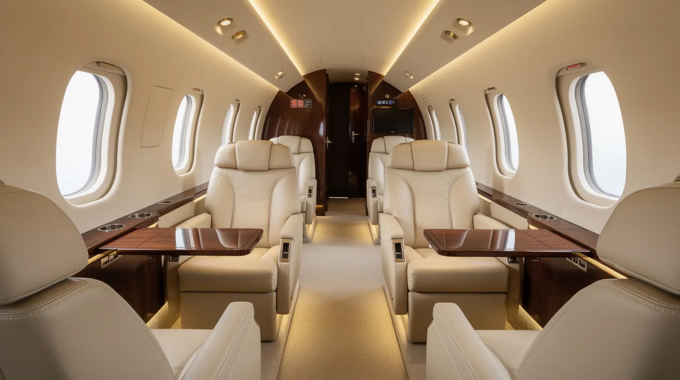 The image depicts the luxurious interior of a private jet cabin, featuring cream leather seats and elegant wood accents, designed for utmost comfort during private jet flights. This spacious cabin is perfect for business and leisure trips, providing an exclusive travel experience between destinations like San Jose and Las Vegas.