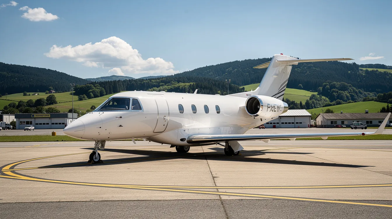 A small private jet is parked on a sunny tarmac at Oakland International Airport, with lush green hills visible in the background, showcasing the beauty of private aviation and the convenience of private jet charters in the San Francisco Bay Area.