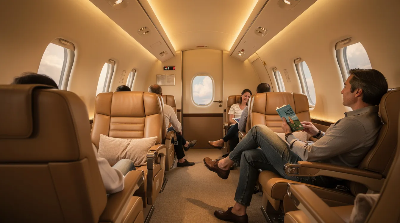 The image depicts the interior of a small aircraft cabin featuring luxurious leather seats and soft ambient lighting, where a few passengers are comfortably seated, enjoying their private jet flight. This inviting space is designed for a stress-free travel experience, ideal for those opting for private jet charters from Oakland International Airport.