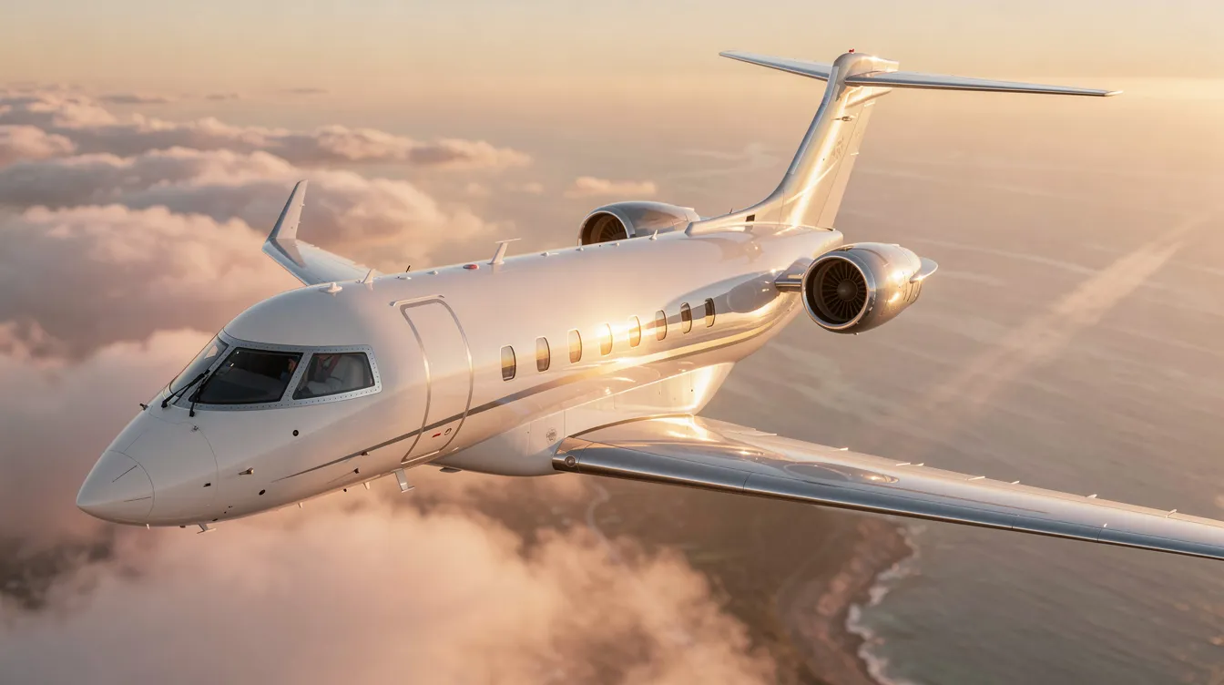 The image depicts a luxurious private jet parked at a sleek airport terminal, showcasing its elegant design and spacious interior that promises a comfortable flying experience for passengers. This aircraft represents the epitome of luxury travel, ideal for those looking to enjoy their trips with flexibility and personalized service.