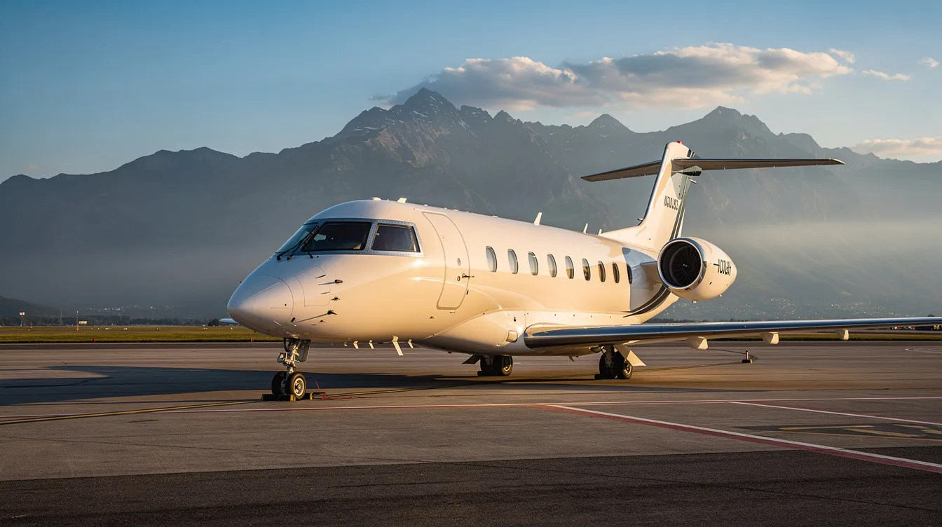 A sleek private jet is parked on a sunlit tarmac, with majestic mountains in the background, showcasing the luxury travel experience. This image captures the essence of flying in style, ideal for those considering their next travel plans or looking for hot deals on empty leg flights.
