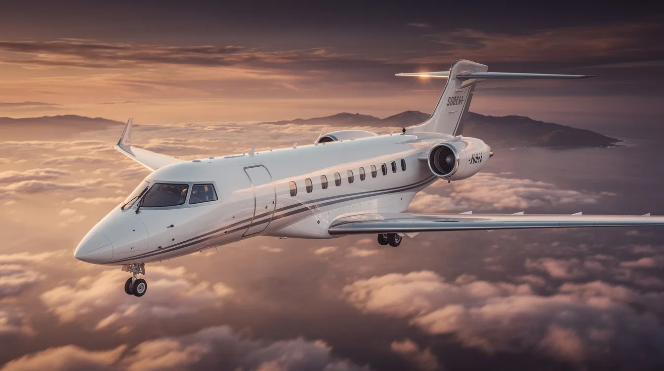 The image depicts a sleek private jet, representing the luxury of private aviation, parked on a runway. This aircraft, part of the hera flight fleet, symbolizes the growing demand for charter flights and aircraft management services, offering travelers an extraordinary flying experience.