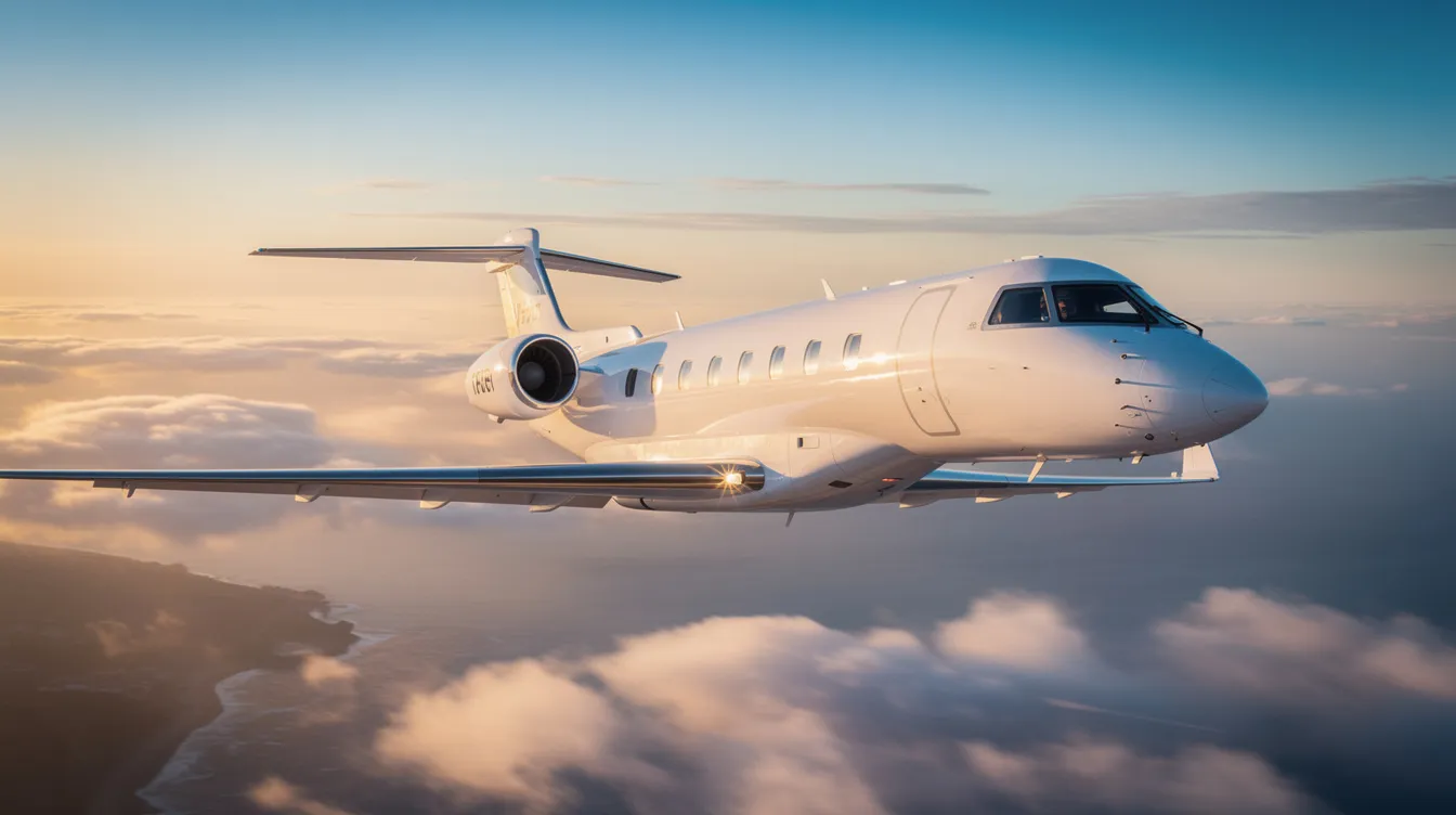 The image showcases a luxurious private jet, representative of the Hera flight fleet, parked on a tarmac, ready for travelers seeking comfort and convenience in private aviation. With a sleek design and spacious interior, this aircraft symbolizes the heightened demand for charter flights and aircraft management services in the industry.