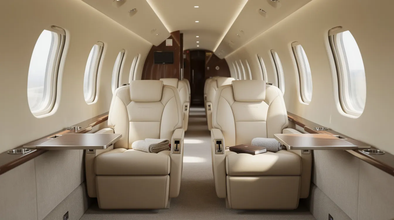 The image depicts the interior of a midsize private jet cabin, featuring luxurious leather seats and ample natural light streaming through oval windows, creating a comfortable and inviting atmosphere for travelers. This elegant space exemplifies the high standards of private aviation and the exceptional experience offered by companies like Hera Flight, catering to the increasing demand for charter flights and private flying.