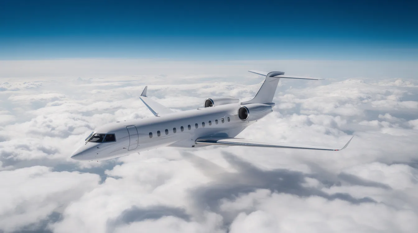 A sleek modern light jet soars above a fluffy cloud layer against a backdrop of a clear blue sky, epitomizing the luxury of private jet travel from Oakland to Las Vegas. This image captures the essence of private aviation, perfect for business and leisure travelers seeking a comfortable and efficient flight experience.