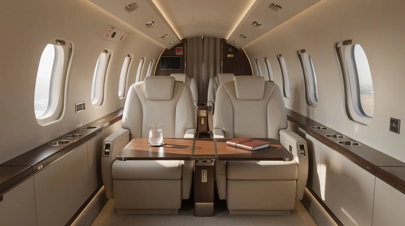 The image depicts the interior of a luxurious private jet cabin featuring plush cream leather seats and a fold-out table, ideal for business executives and leisure travelers seeking a comfortable travel experience. This elegant setting is perfect for flights from Oakland to Las Vegas, offering an unparalleled style for those who fly private.