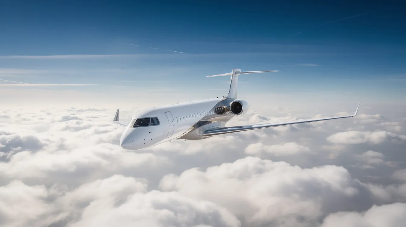 A sleek business jet soars above a blanket of fluffy clouds against a clear blue sky, showcasing the elegance of private aviation. This high-end business jet, likely from manufacturers like Gulfstream or Bombardier, exemplifies the luxury and performance associated with private jets.