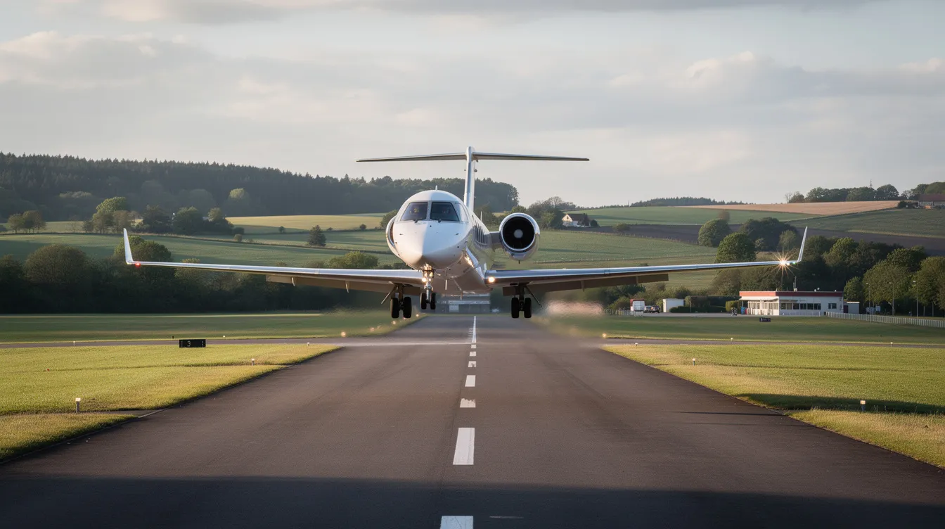 A small light jet is landing on a short regional runway, surrounded by a lush green landscape, showcasing the versatility of private jets in accessing remote locations. This scene highlights the efficiency and performance of business aviation, particularly for charter flights and private aircraft.
