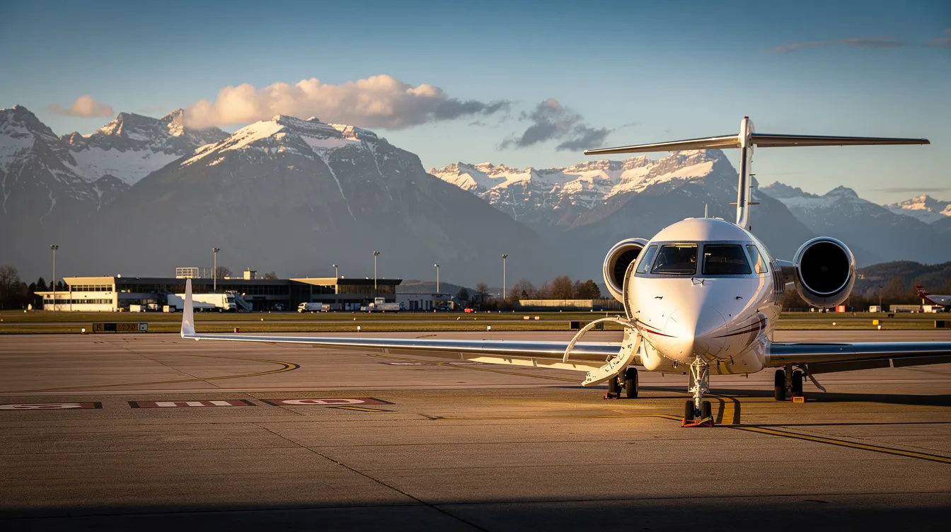 A sleek private jet is parked on the tarmac of a European airport, with majestic mountains rising in the background, showcasing the beauty of business aviation. This scene highlights the luxury and convenience of private aircraft, perfect for charter flights and personalized service.