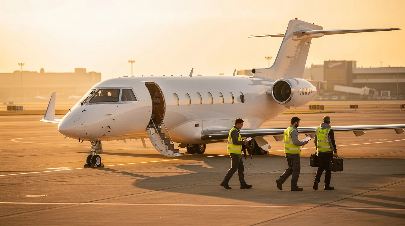 A private jet is parked on a tarmac during golden hour, with crew members walking nearby, showcasing the elegance of private aviation. The scene highlights the professionalism and teamwork of flight attendants as they prepare for upcoming trips, ensuring a safe and quality experience for passengers.