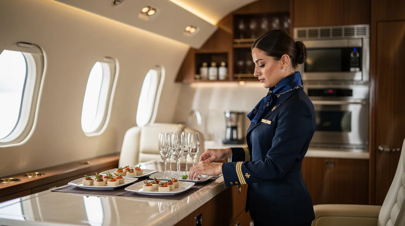 A flight attendant in a crisp uniform is meticulously preparing the galley area inside a private jet, ensuring that all food and safety supplies are organized for the upcoming trip. This scene highlights the professionalism and organizational skills required in private aviation to deliver quality service to clients and passengers.