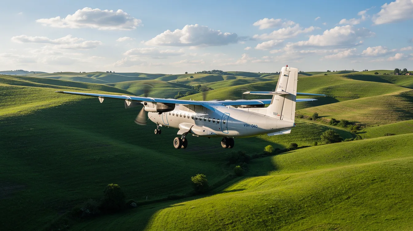 A twin-engine turboprop aircraft is soaring above lush green rolling hills under a sky dotted with scattered clouds, showcasing the beauty of private aviation. This private flight offers a serene escape for travelers seeking flexibility and comfort in their journey.