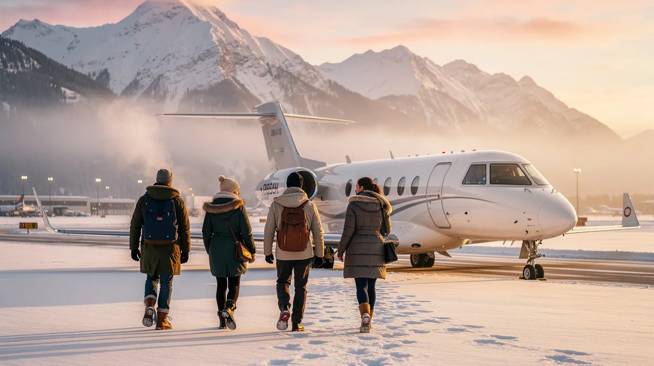 A group of friends is walking toward a small private jet on a snowy runway, surrounded by majestic mountains. This scene captures the essence of private aviation, showcasing the excitement of embarking on a private flight adventure.