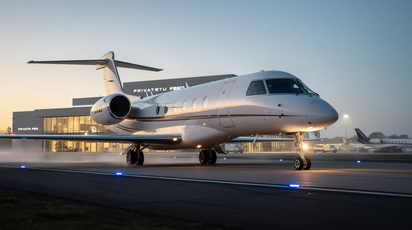 A light jet is taxiing on a runway at a private FBO terminal during the early morning, showcasing the convenience and luxury of private aviation. This scene highlights the appeal of private jet flights for business travelers and those seeking flexible travel options.