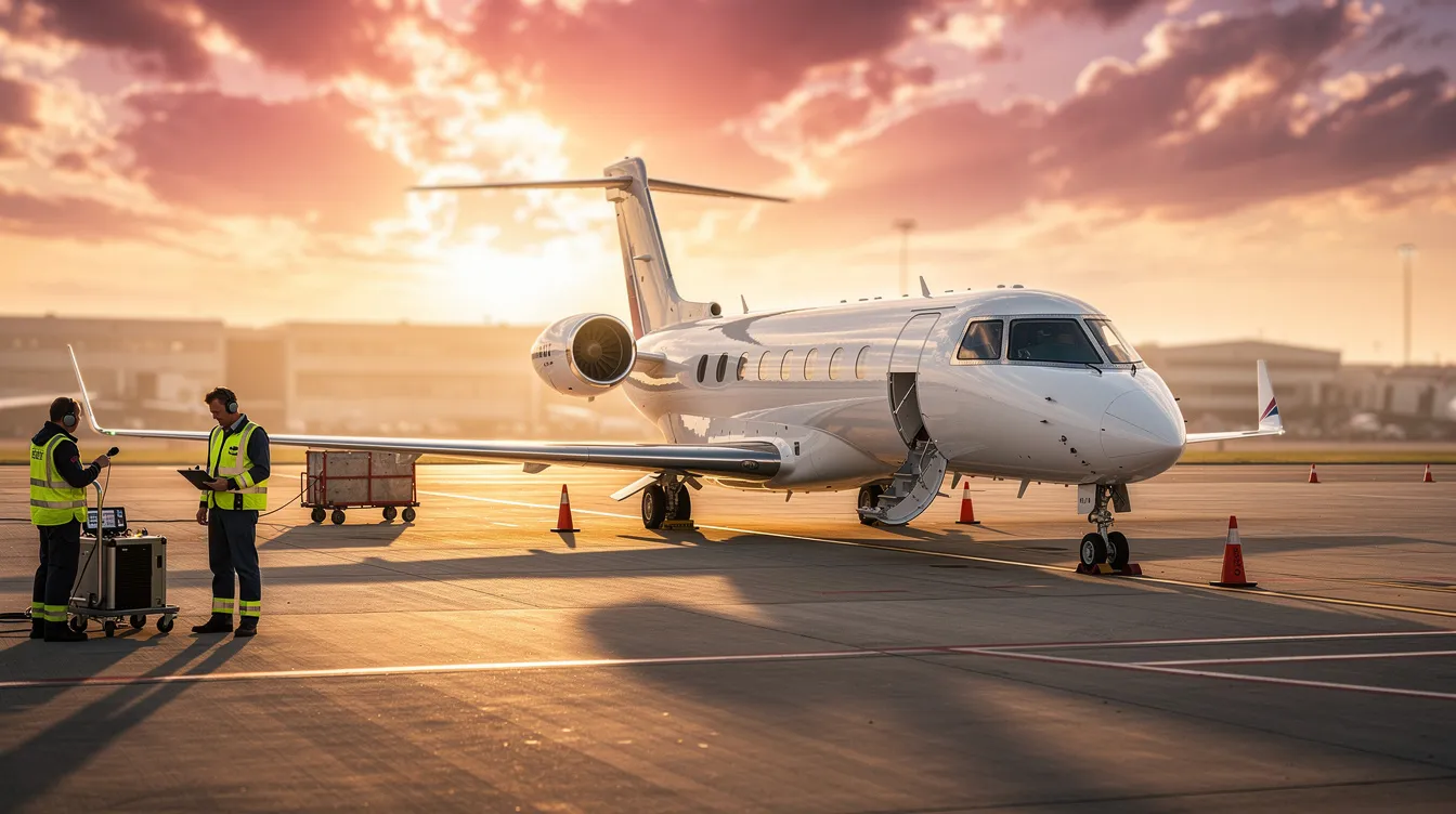 A private jet, possibly a Learjet, is parked on a tarmac at sunset, showcasing its new paint and pristine condition, while a ground crew is nearby, preparing for operation. This aircraft is equipped for passenger comfort and is listed for sale, with details on its maintenance and damage history available for potential owners.