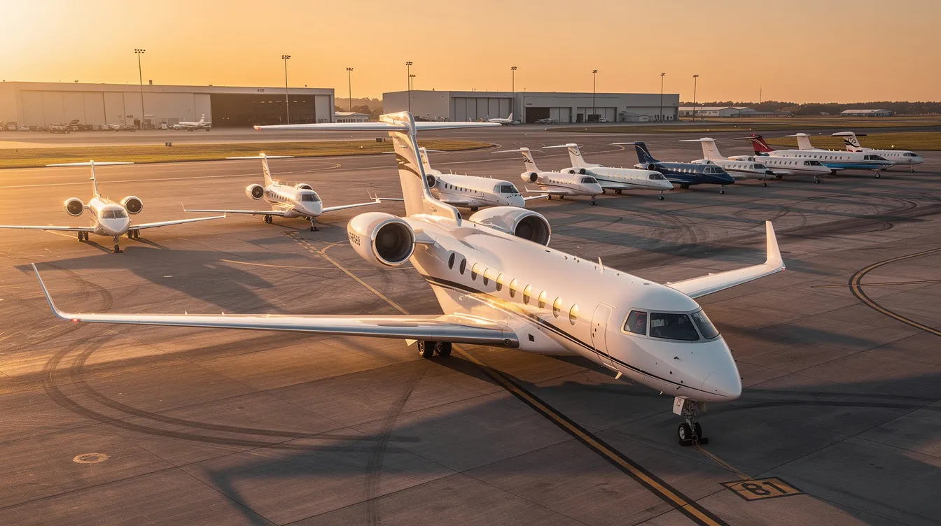 The image shows multiple private jets of varying sizes lined up on an airport ramp, highlighting their new paint and sleek designs. Each aircraft is ready for operation, showcasing their capacity for passengers and crew, as well as potential listings for sale in the market.