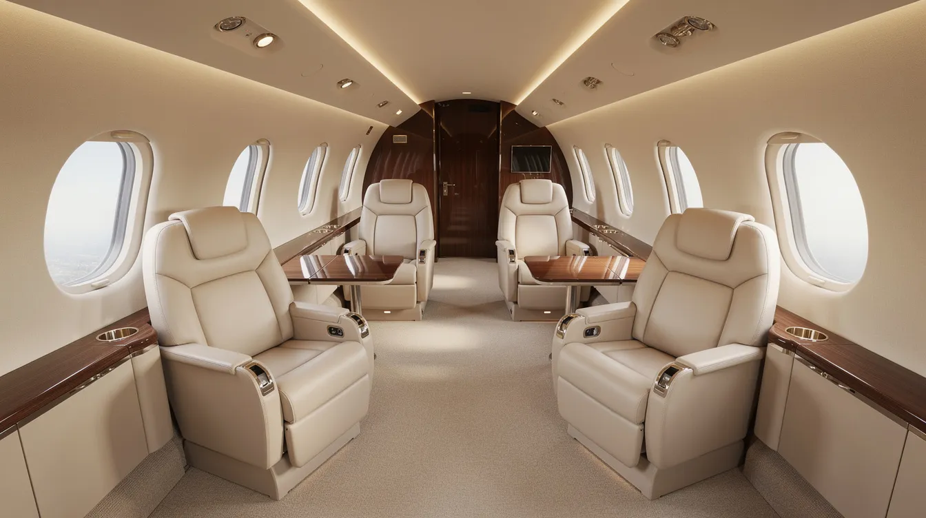 The image showcases the interior of a private jet cabin featuring cream leather seats arranged in a double-club configuration, ideal for comfortable passenger seating. This luxurious space reflects the quality and maintenance of the aircraft, making it a prime candidate for those interested in a Learjet for sale.