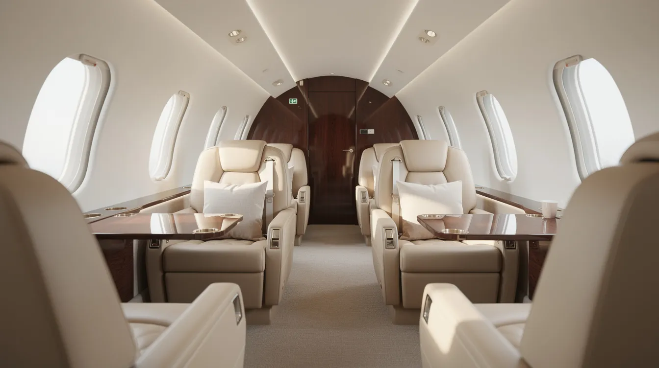 The image shows the luxurious interior of a private jet cabin featuring plush leather seats and ample natural lighting streaming through the windows, creating an inviting atmosphere for travelers. This elegant setting reflects the high standards of the airline industry, perfect for those flying with jet airways to various destinations.