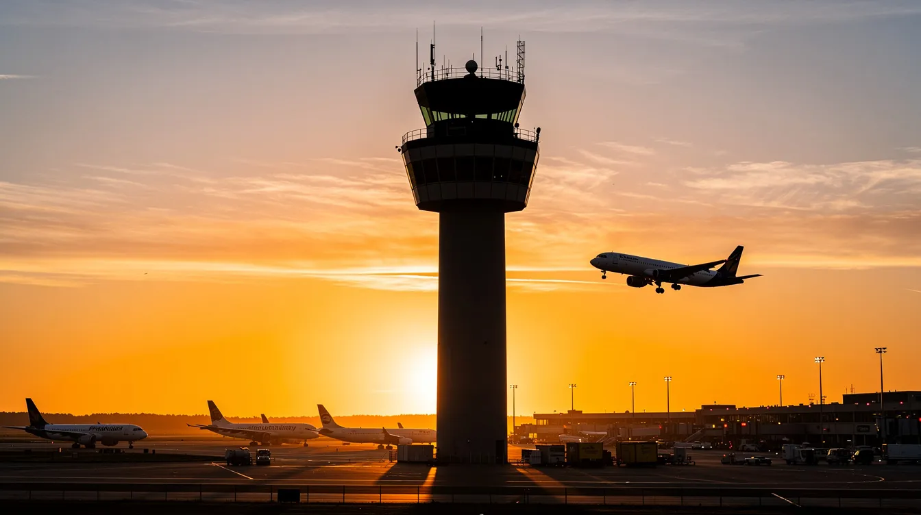 The image features an aviation control tower silhouetted against a vibrant orange sunset sky, with commercial aircraft visible in the background. This scene captures the essence of aviation safety, highlighting the importance of flight crew and the measures taken to ensure zero accidents in air travel.