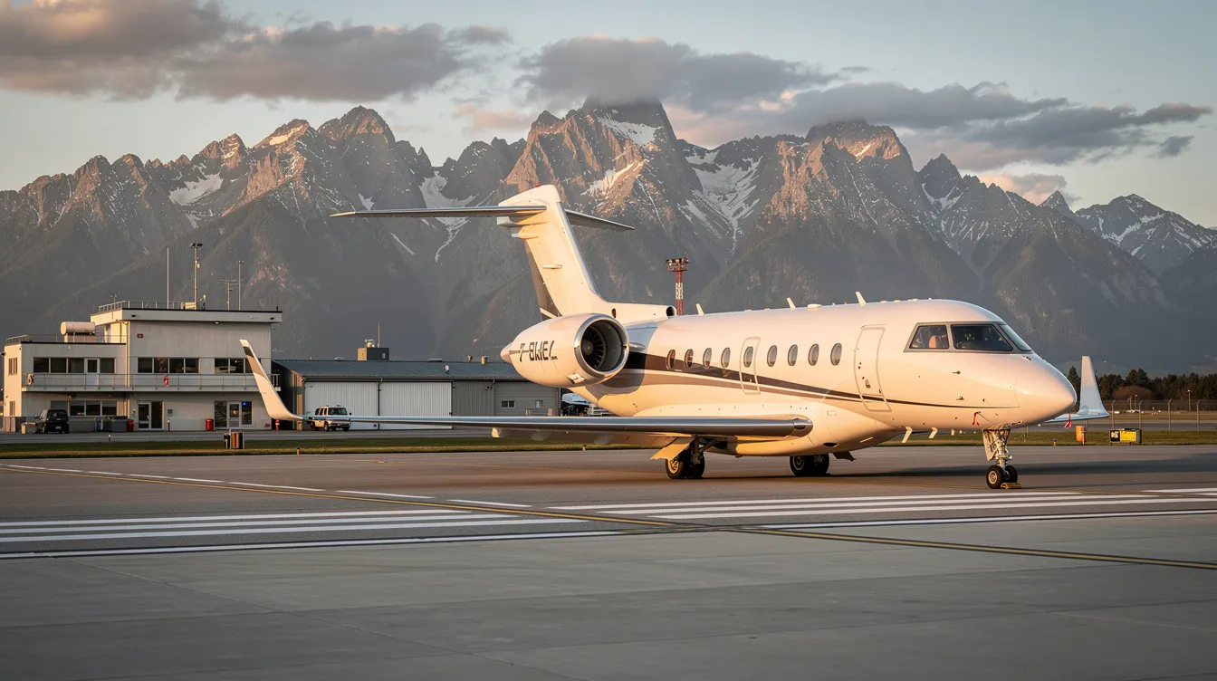 A sleek private jet is parked on the tarmac of a small regional airport, with majestic mountains rising in the background. This image captures the essence of aviation safety and the luxury of private flying, contrasting with the serious concerns of plane crashes and accidents in the aviation industry.