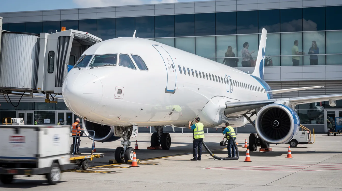 A modern commercial aircraft is parked at an airport gate, surrounded by ground crew members actively working to prepare for the next flight. The scene highlights the importance of aviation safety as these professionals ensure the aircraft is ready for takeoff, contributing to the overall safety and efficiency of air travel.