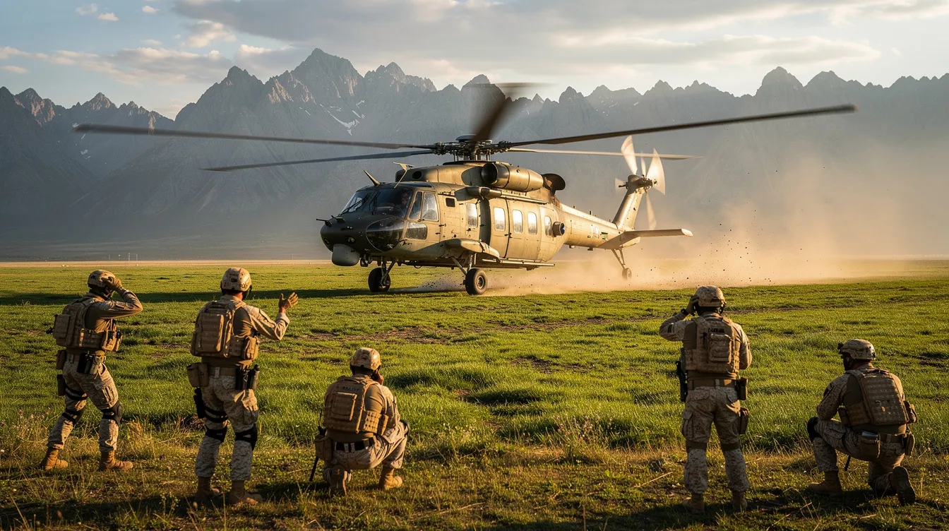 A CH-47 Chinook helicopter, known for its heavy lift capability, is landing on a grassy field with soldiers positioned nearby, while majestic mountains loom in the background. The scene captures the essence of military operations and troop transport in a rugged environment.