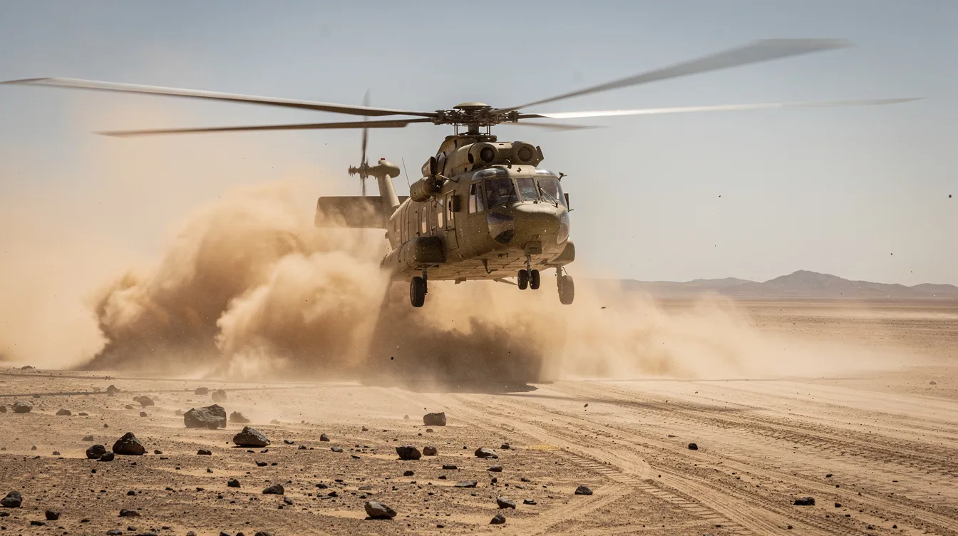 A CH-47 Chinook helicopter hovers above a desert landing zone, stirring up dust clouds beneath it, showcasing its heavy lift capability and troop transport functionality for the United States military. The powerful tandem rotors create a dramatic scene as the aircraft prepares for potential disaster relief or military operations.