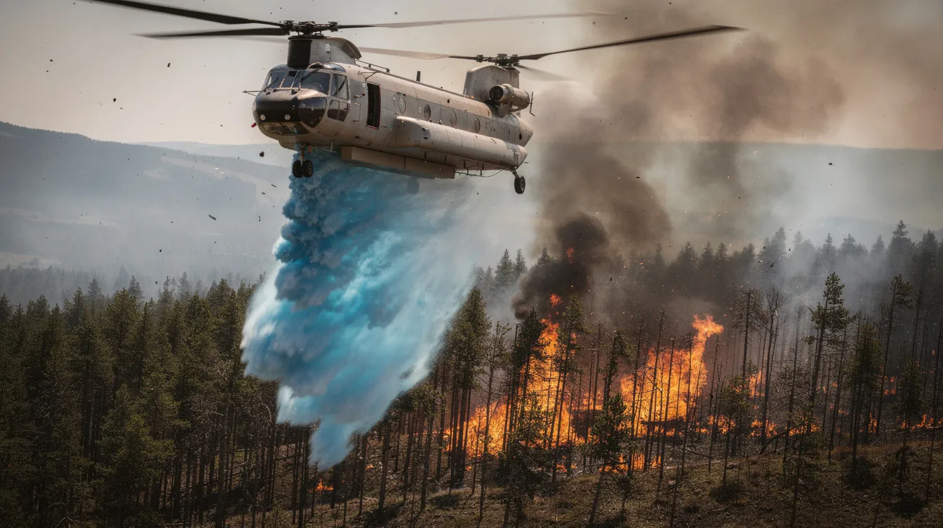A Chinook helicopter, specifically a CH-47 model, is seen performing a water drop to combat a forest fire, with thick smoke billowing in the background. This heavy lift helicopter showcases its aerial firefighting capability as it hovers over the disaster zone.