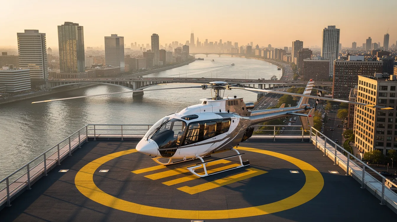 A private helicopter is parked at a small helipad, with the Hudson River and the George Washington Bridge visible in the distance. This scene captures the essence of a helicopter ride in New York City, offering a glimpse of the city's iconic skyline and landmarks.