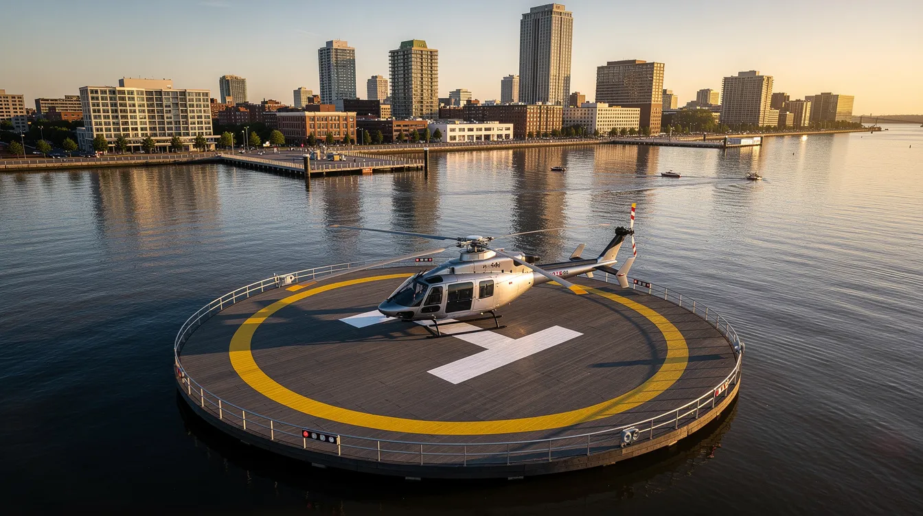 An aerial photograph captures a helicopter landed on a river helipad, with the stunning NYC skyline featuring iconic landmarks like the Empire State Building and One World Trade Center in the background. This scene showcases a breathtaking view of the city’s waterfront, offering an unforgettable experience for those considering a helicopter ride or tour over New York City.